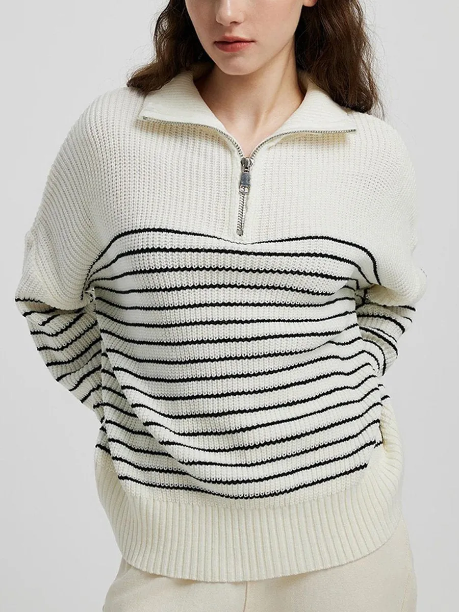 Striped Colorblock Turtleneck Long Sleeve Knit Sweater with Zipper