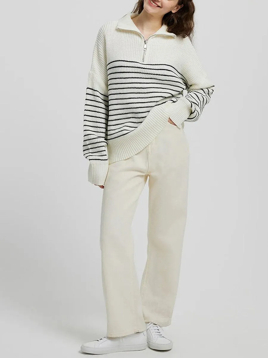 Striped Colorblock Turtleneck Long Sleeve Knit Sweater with Zipper