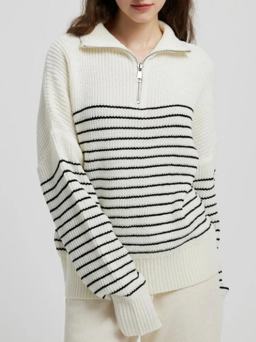 Striped Colorblock Turtleneck Long Sleeve Knit Sweater with Zipper