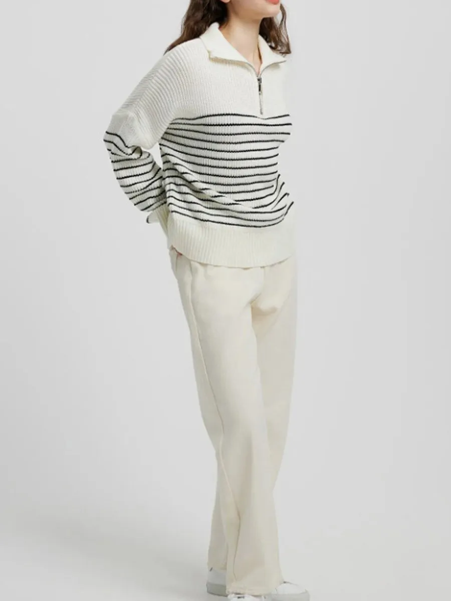Striped Colorblock Turtleneck Long Sleeve Knit Sweater with Zipper