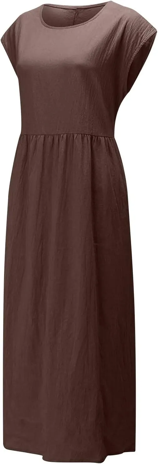 Summer Dresses for Women 2025 Plus Size Cotton Linen Beach Dress Casual A-Line Sleeveless Midi Sundress with Pockets