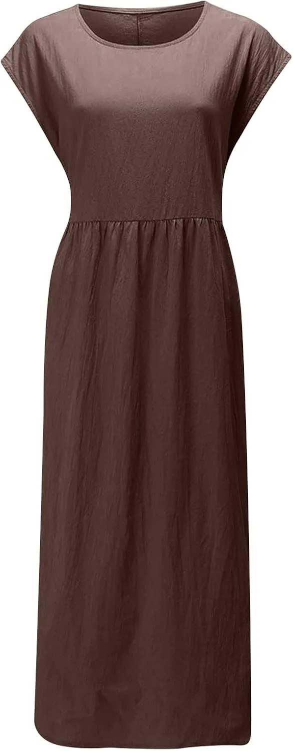 Summer Dresses for Women 2025 Plus Size Cotton Linen Beach Dress Casual A-Line Sleeveless Midi Sundress with Pockets