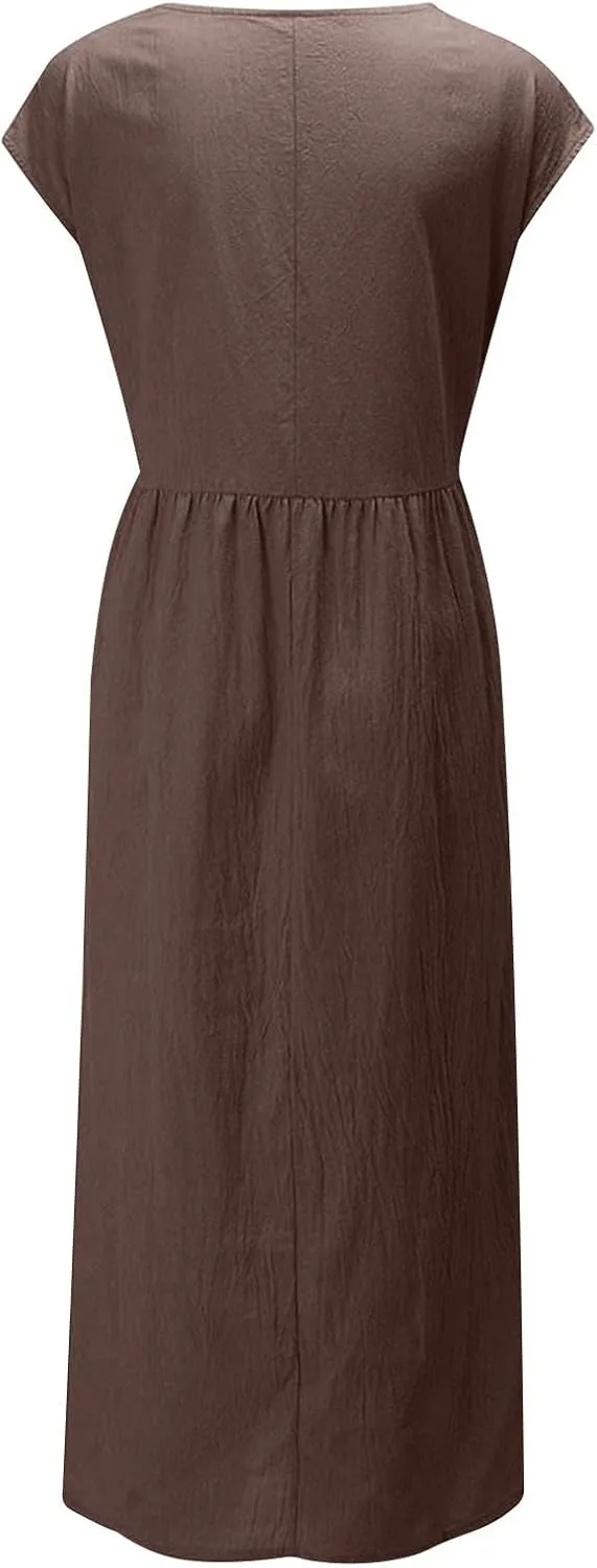 Summer Dresses for Women 2025 Plus Size Cotton Linen Beach Dress Casual A-Line Sleeveless Midi Sundress with Pockets