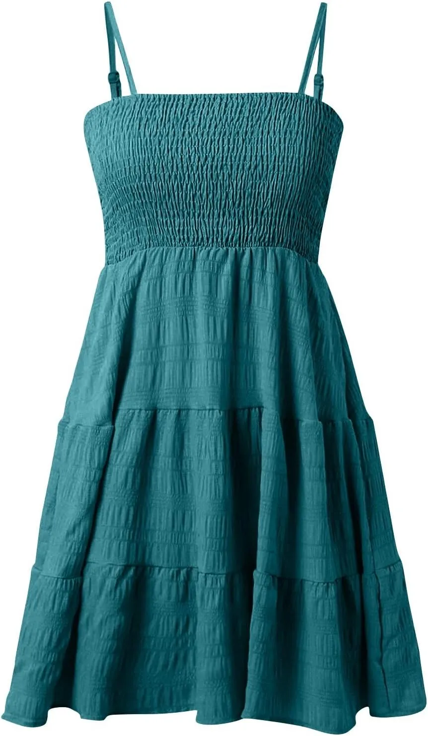 Summer Dresses for Women 2025 Trendy Spaghetti Strap Sleeveless Beach Casual Sundress A Line Ruffle Hem Mini Dress