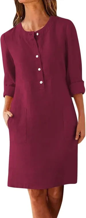 Summer Midi Dresses for Women 2025 Crew Neck 3/4 Sleeve Dresses Casual Fashion Dresses Summer 2025 Beach Dresses Wine