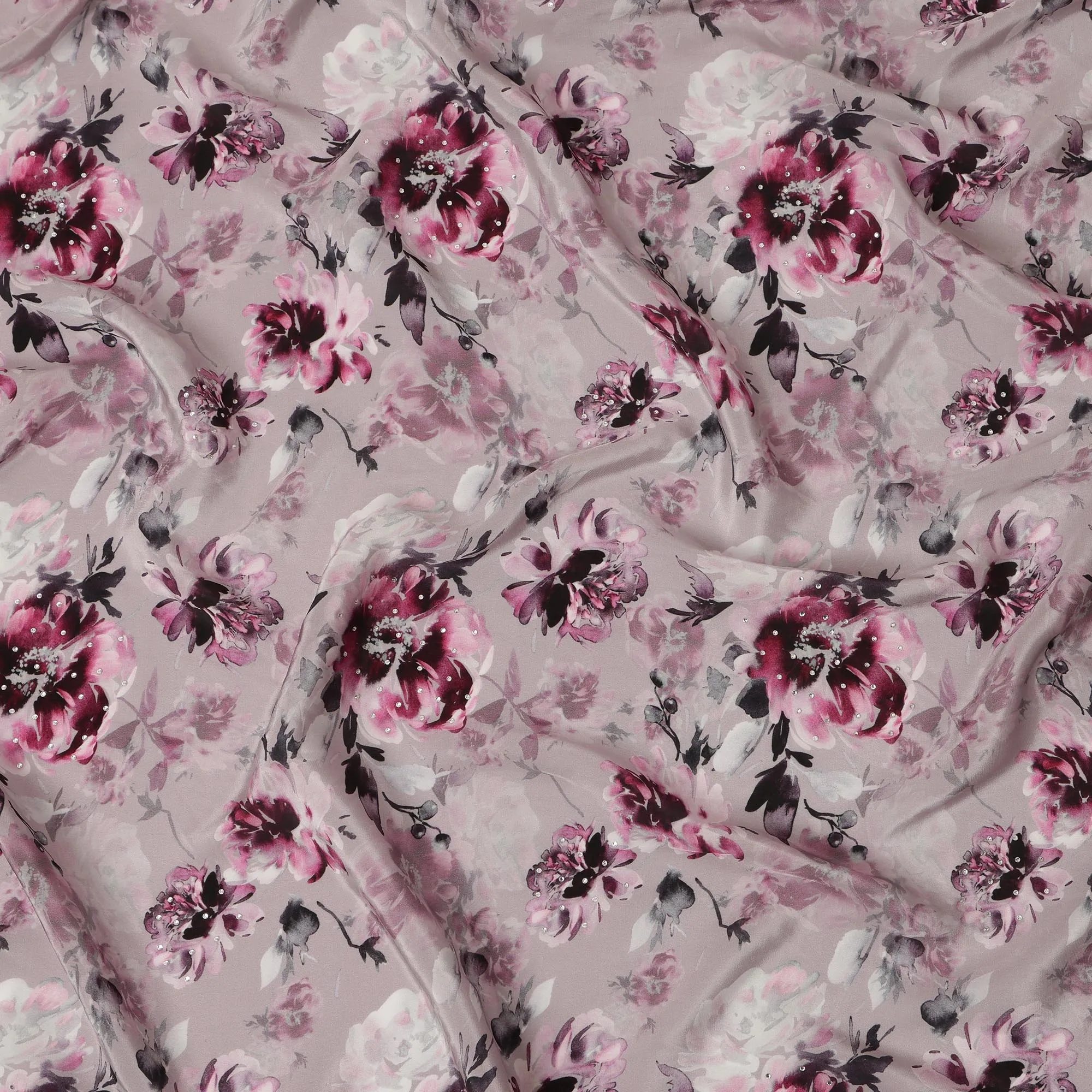 Synthetic Crepe Fabric with Stone Work - Elegant Pink and Purple Floral on Mauve, 110 cm Width-D20652