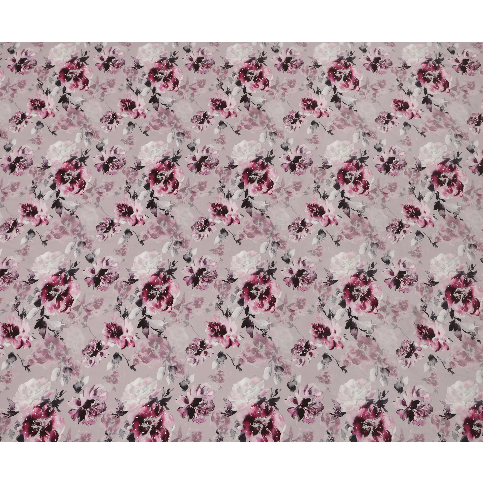 Synthetic Crepe Fabric with Stone Work - Elegant Pink and Purple Floral on Mauve, 110 cm Width-D20652
