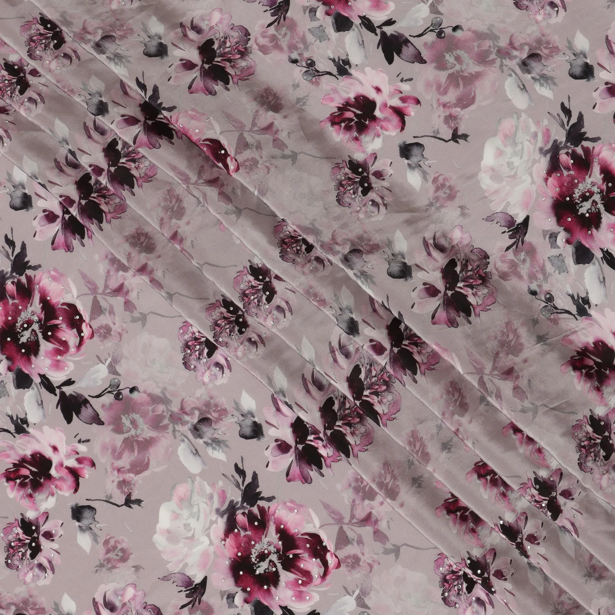 Synthetic Crepe Fabric with Stone Work - Elegant Pink and Purple Floral on Mauve, 110 cm Width-D20652