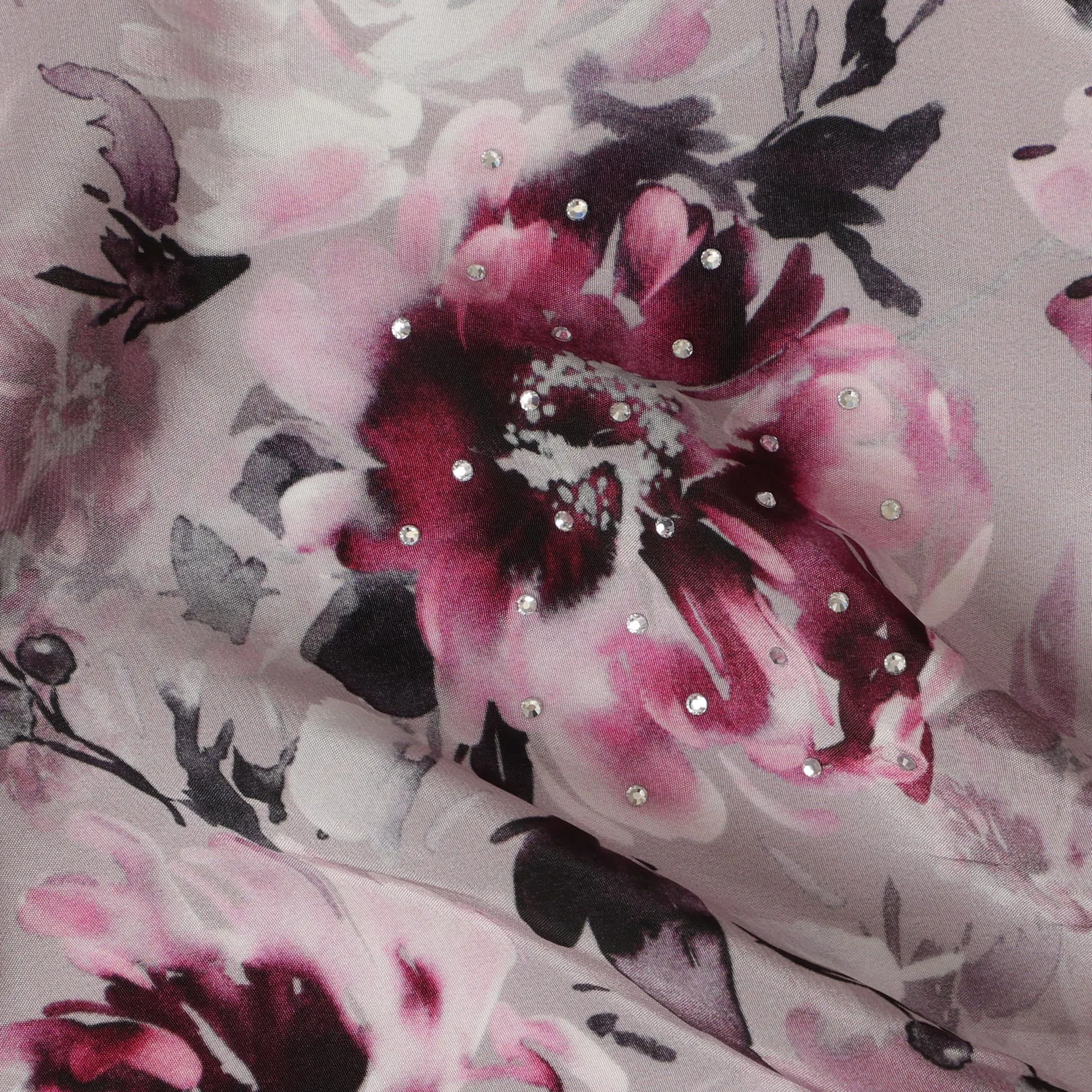 Synthetic Crepe Fabric with Stone Work - Elegant Pink and Purple Floral on Mauve, 110 cm Width-D20652