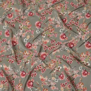 Synthetic Crepe Fabric with Stone Work - Soft Pink and White Floral on Dusty Olive, 110 cm Width-D20649