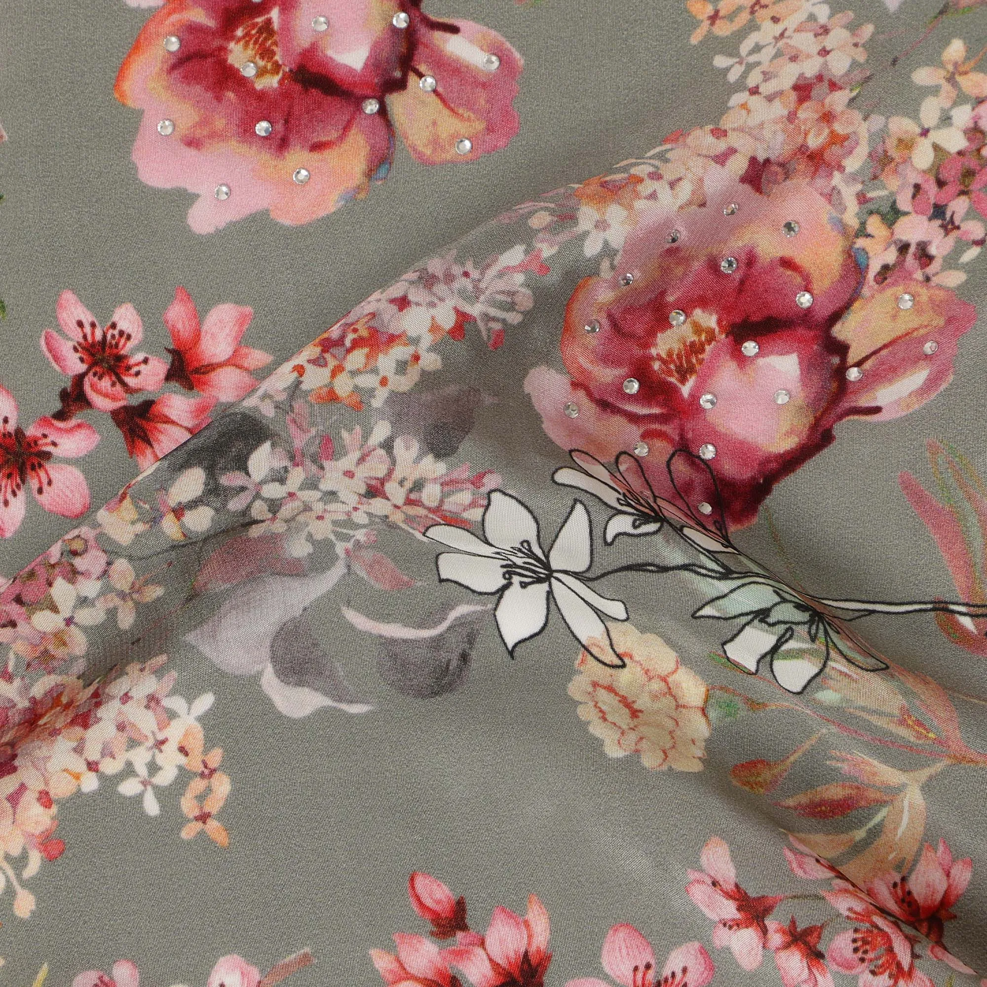 Synthetic Crepe Fabric with Stone Work - Soft Pink and White Floral on Dusty Olive, 110 cm Width-D20649