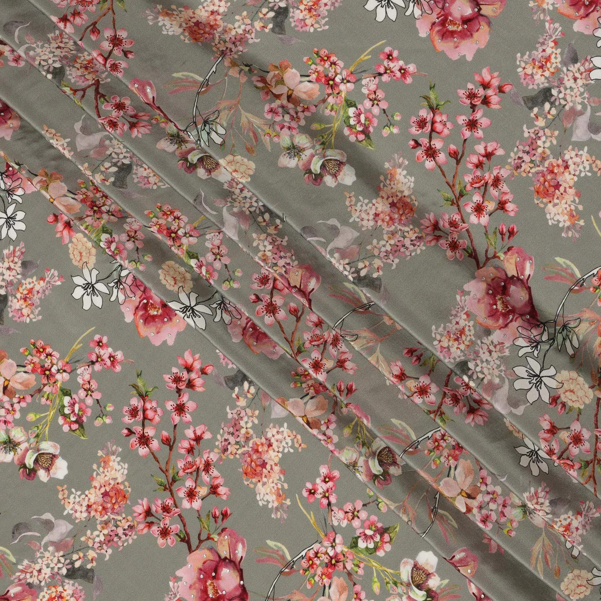 Synthetic Crepe Fabric with Stone Work - Soft Pink and White Floral on Dusty Olive, 110 cm Width-D20649