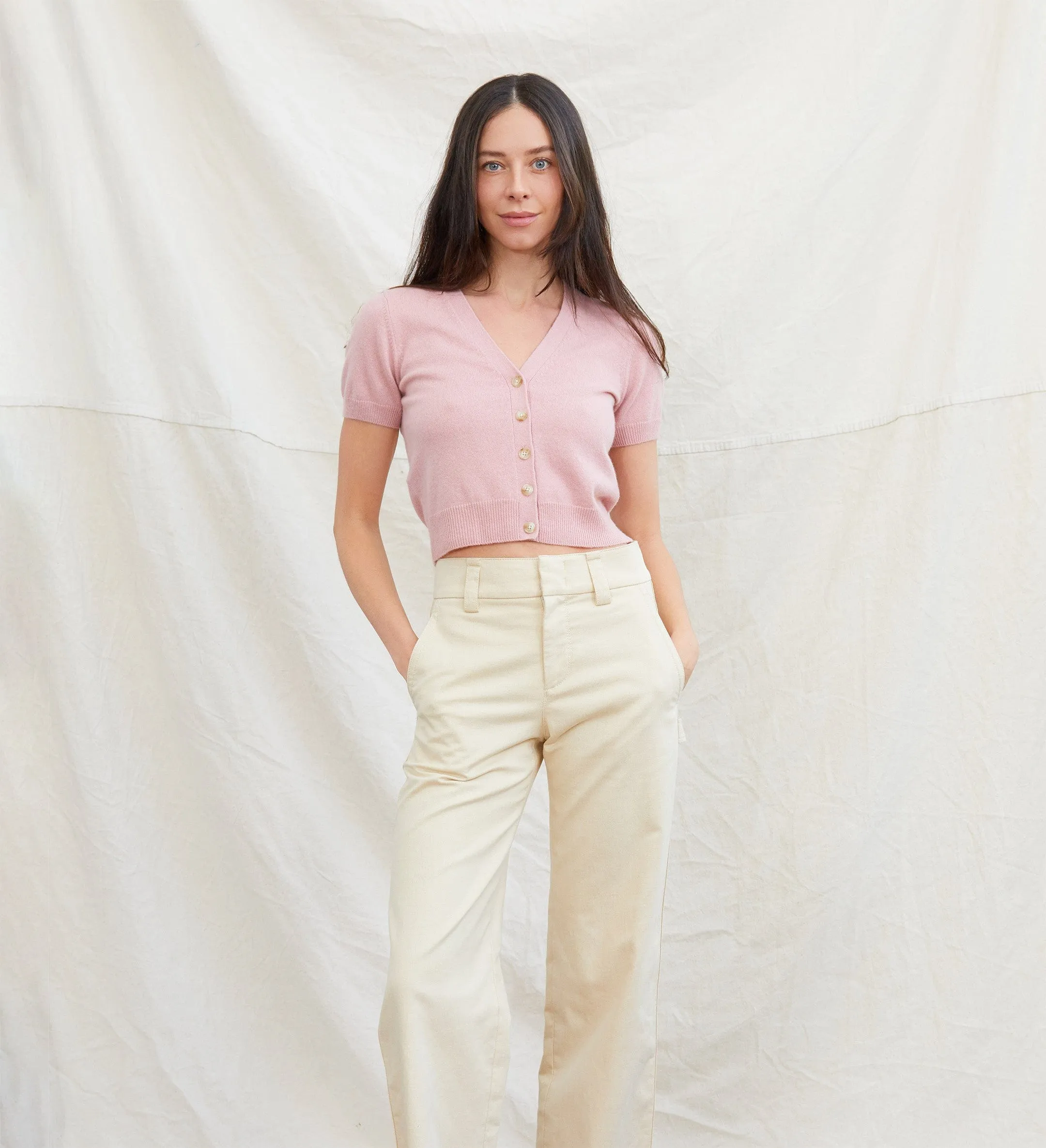 The Short Sleeve Cashmere Cardigan with Buttons