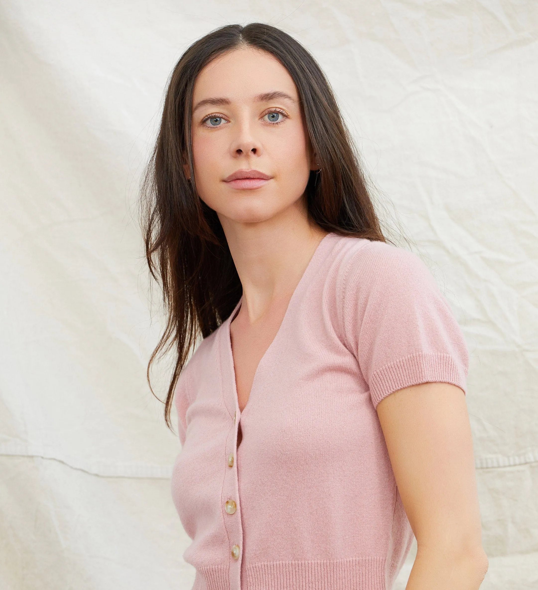 The Short Sleeve Cashmere Cardigan with Buttons