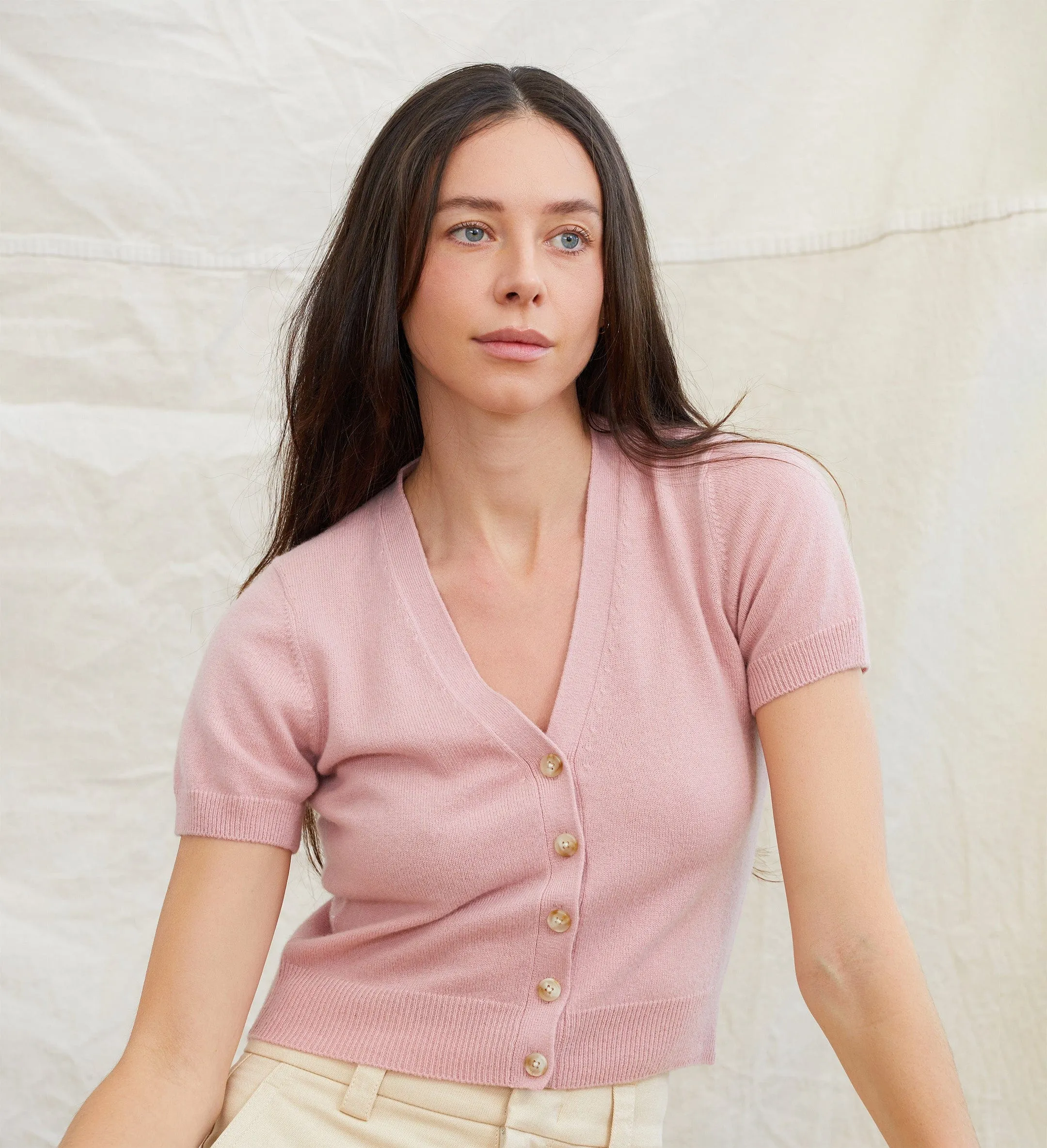 The Short Sleeve Cashmere Cardigan with Buttons