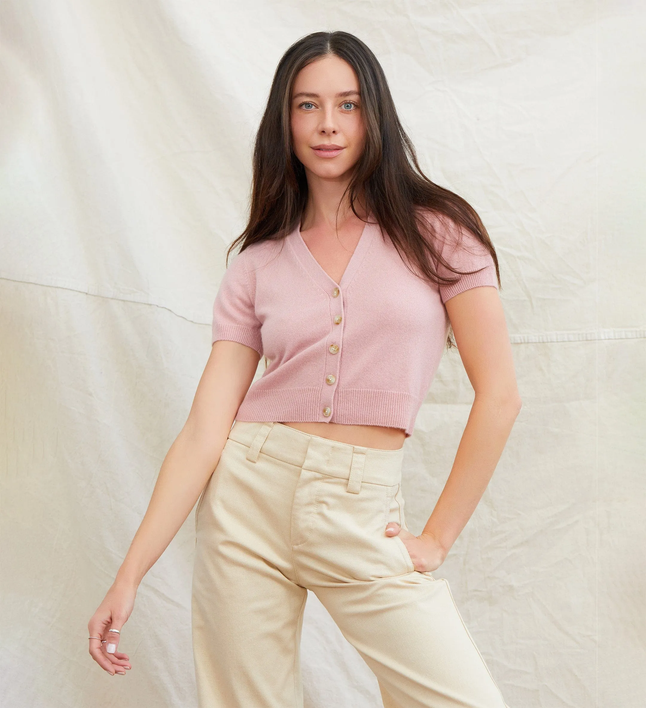 The Short Sleeve Cashmere Cardigan with Buttons