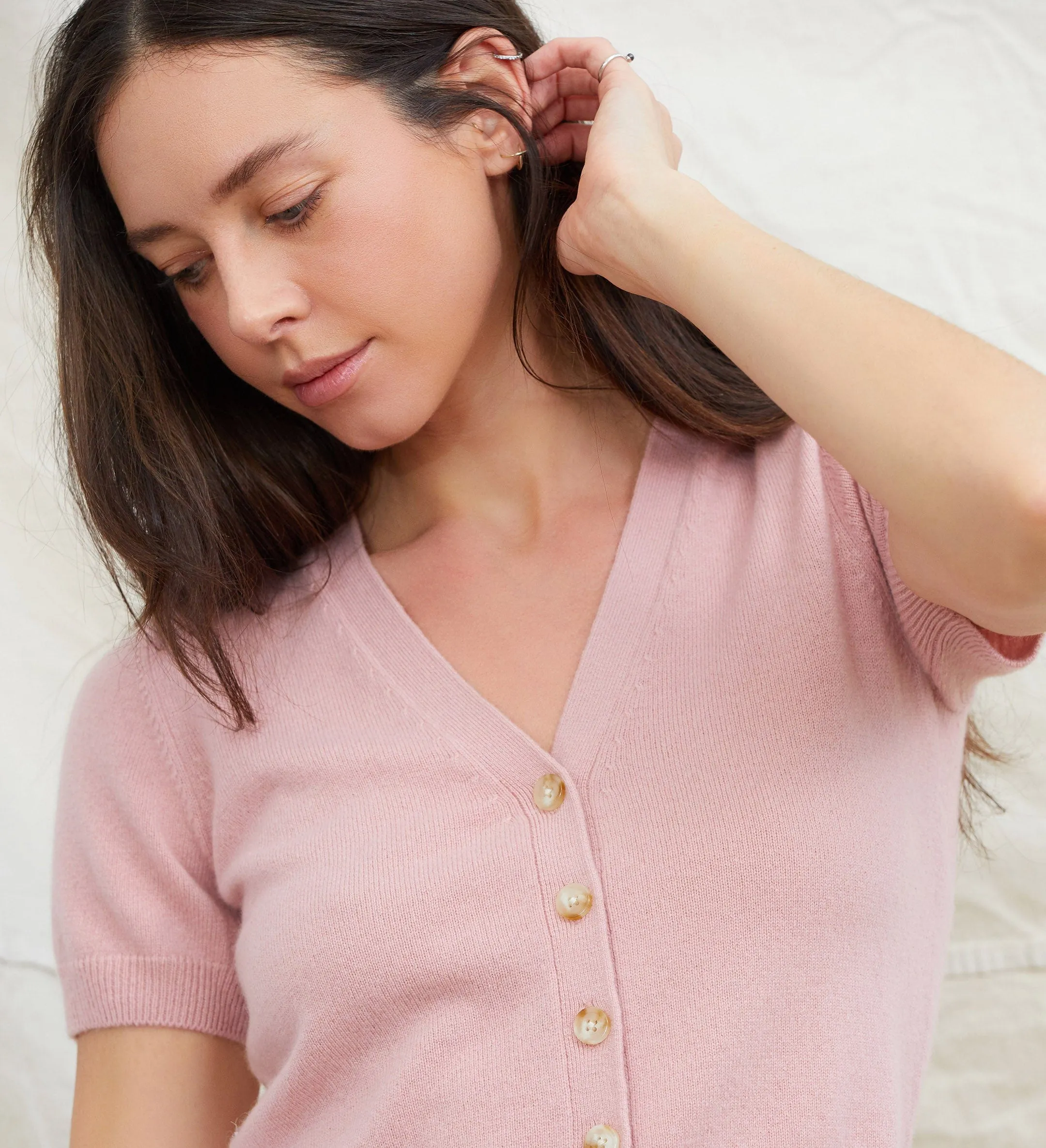 The Short Sleeve Cashmere Cardigan with Buttons