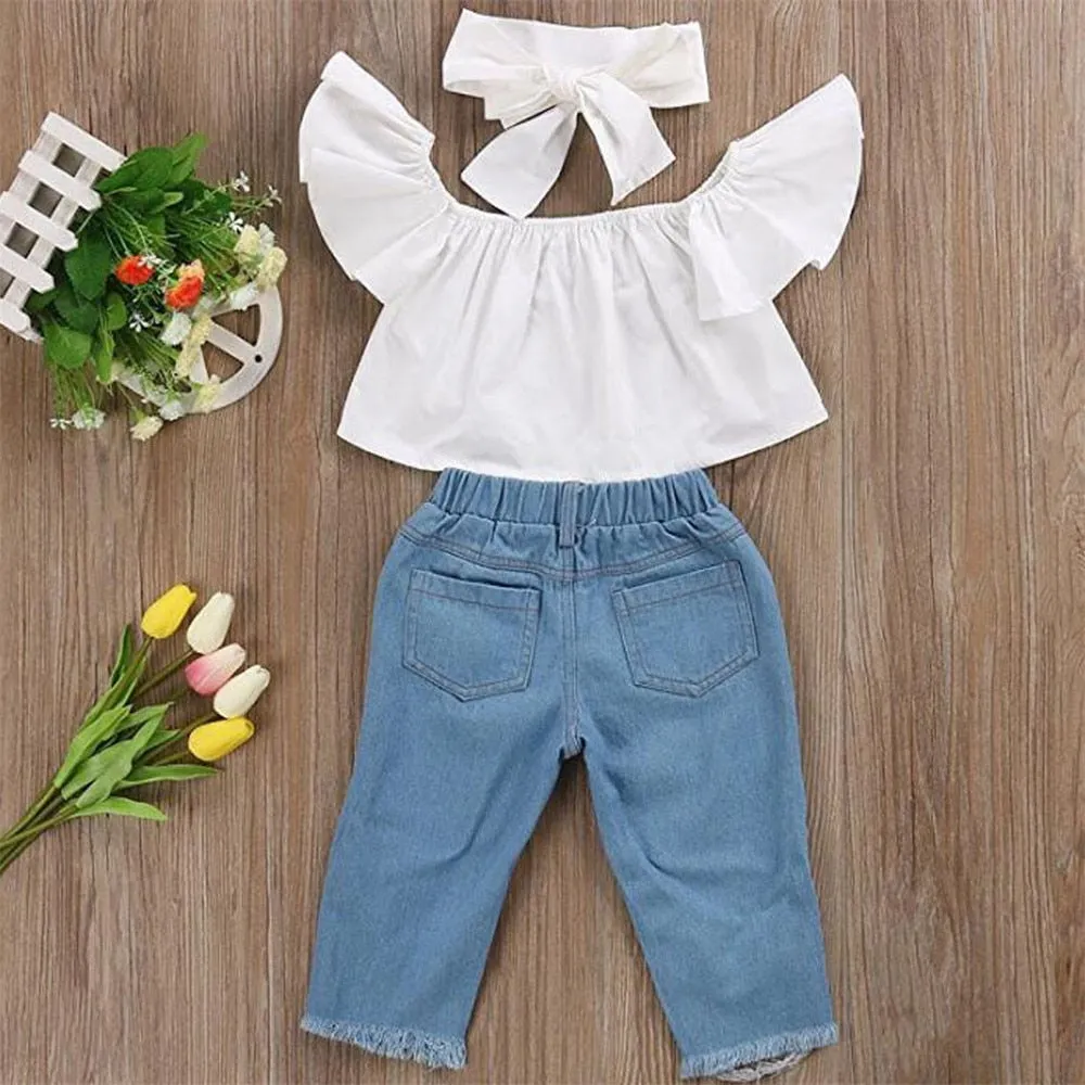 Trendy Off Shoulder Top With Rugged Jeans For Girls