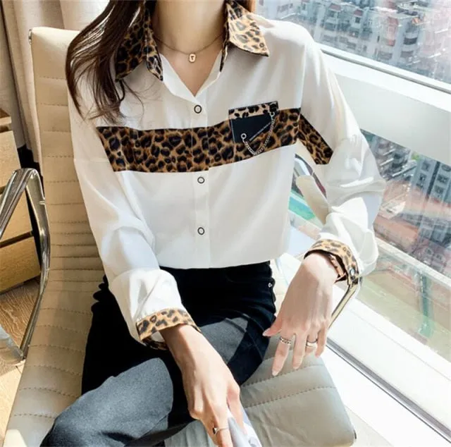 VenusFox Office Lady Blouses Long Sleeved Leopard Print