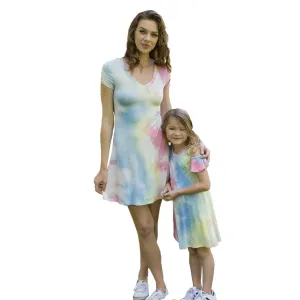 Women Blue Short Sleeves Tie-Dye Summer Dresses S-XL