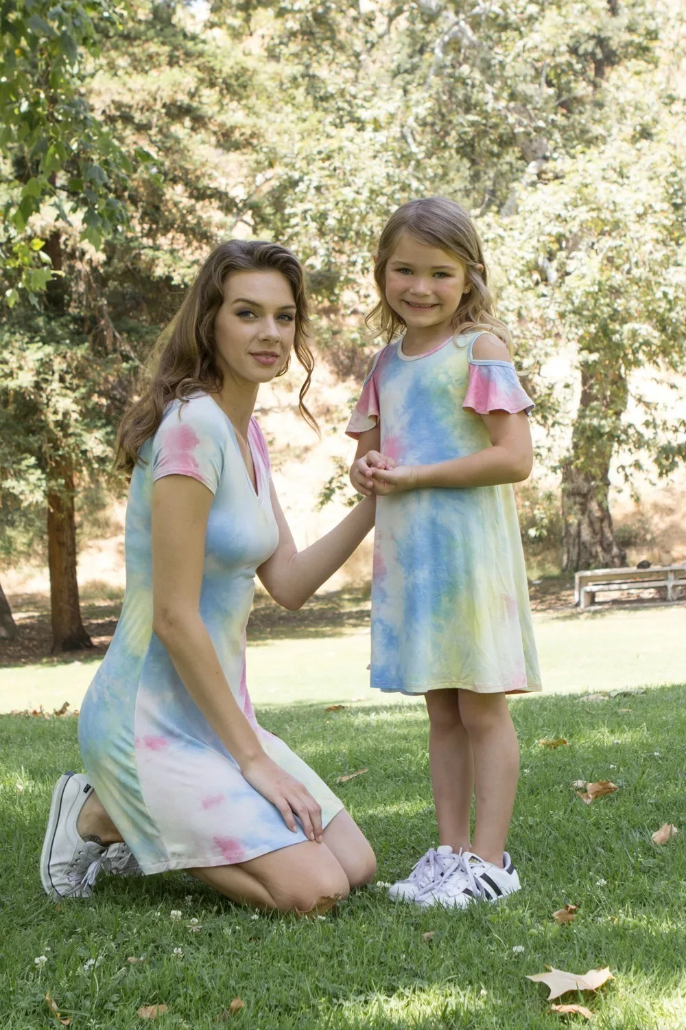 Women Blue Short Sleeves Tie-Dye Summer Dresses S-XL