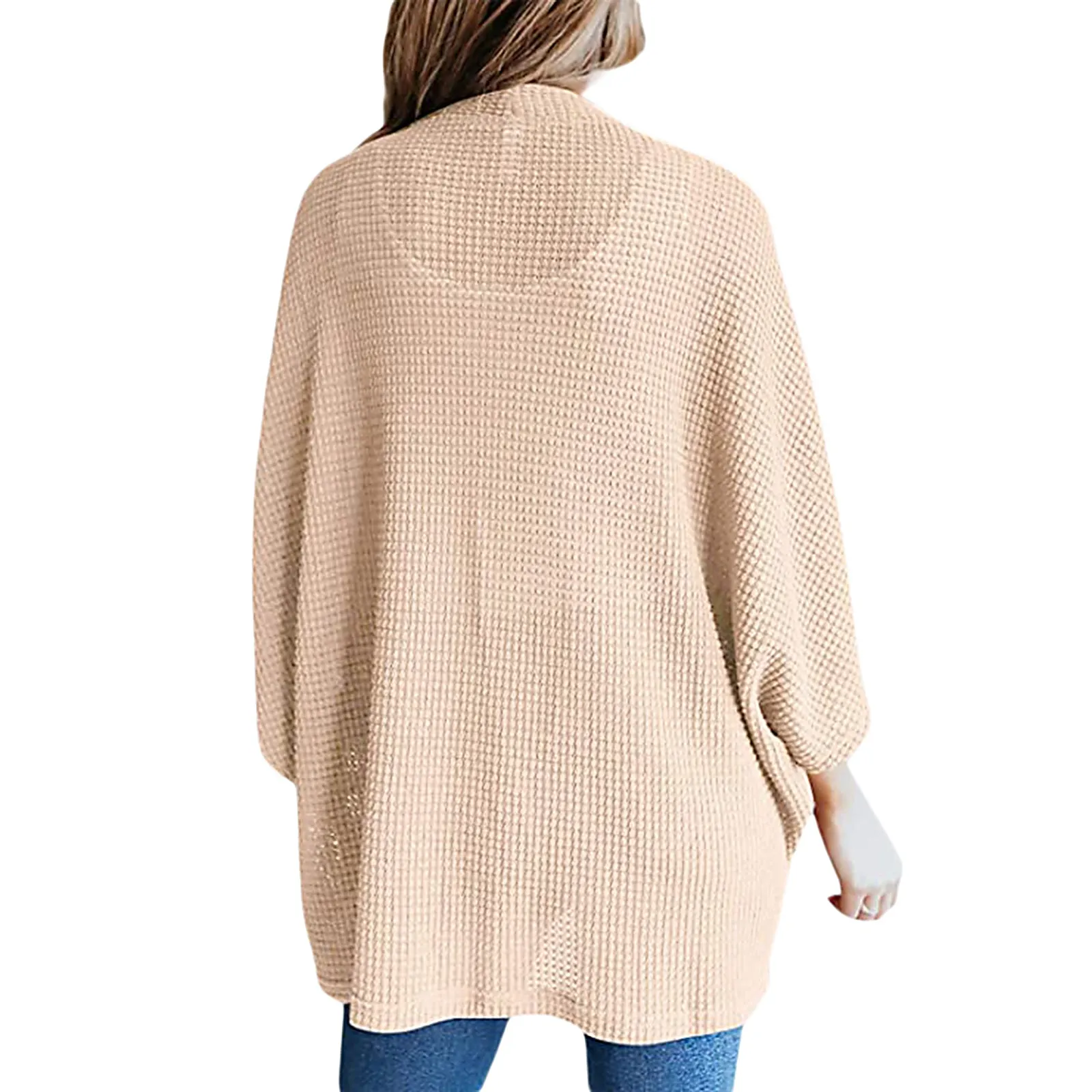 Women Lightweight  Loose Waffle Knit 3/4 Batwing Sleeve Cardigans Sweater