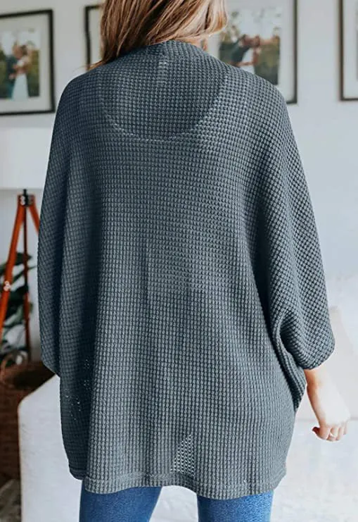 Women Lightweight  Loose Waffle Knit 3/4 Batwing Sleeve Cardigans Sweater