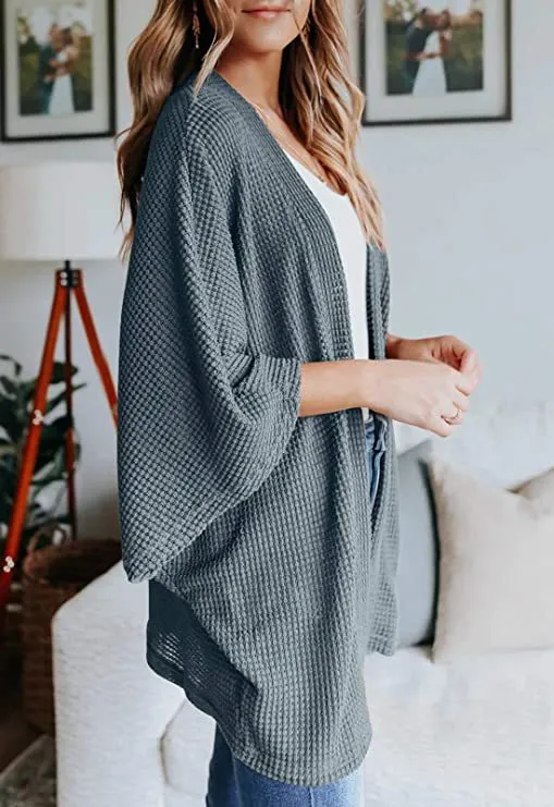 Women Lightweight  Loose Waffle Knit 3/4 Batwing Sleeve Cardigans Sweater