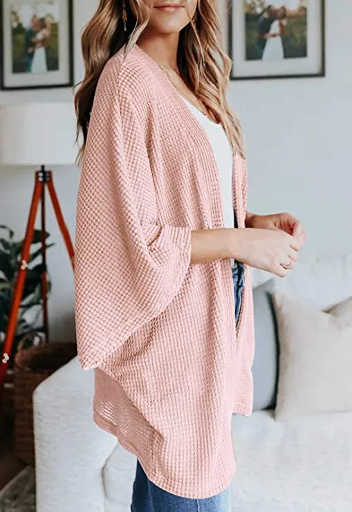 Women Lightweight  Loose Waffle Knit 3/4 Batwing Sleeve Cardigans Sweater