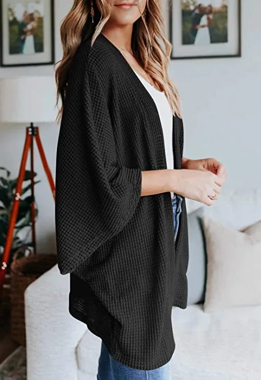 Women Lightweight  Loose Waffle Knit 3/4 Batwing Sleeve Cardigans Sweater