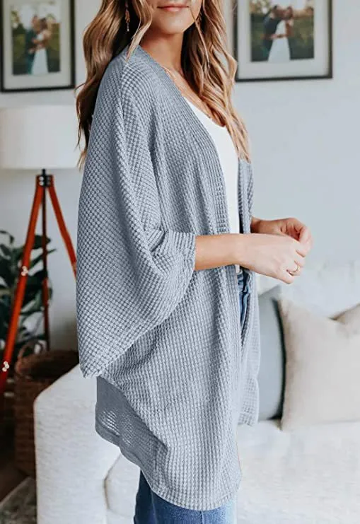 Women Lightweight  Loose Waffle Knit 3/4 Batwing Sleeve Cardigans Sweater