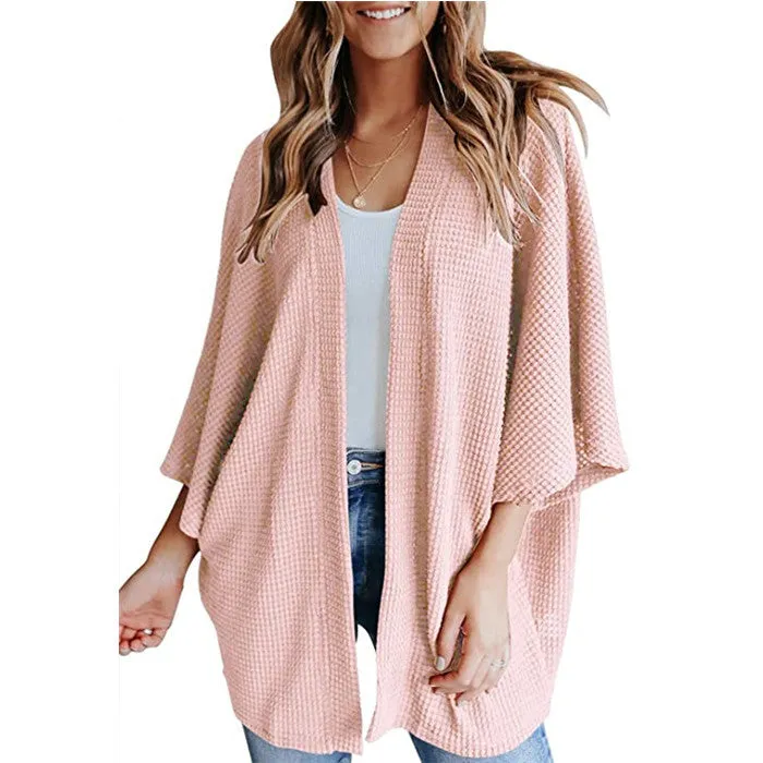 Women Lightweight  Loose Waffle Knit 3/4 Batwing Sleeve Cardigans Sweater