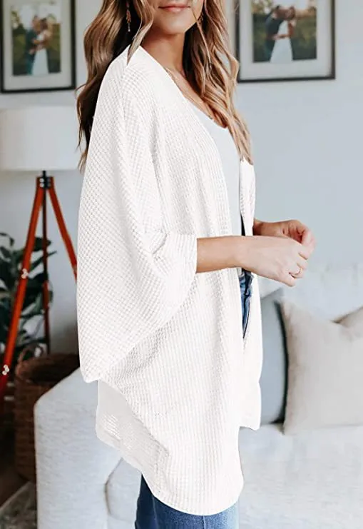 Women Lightweight  Loose Waffle Knit 3/4 Batwing Sleeve Cardigans Sweater