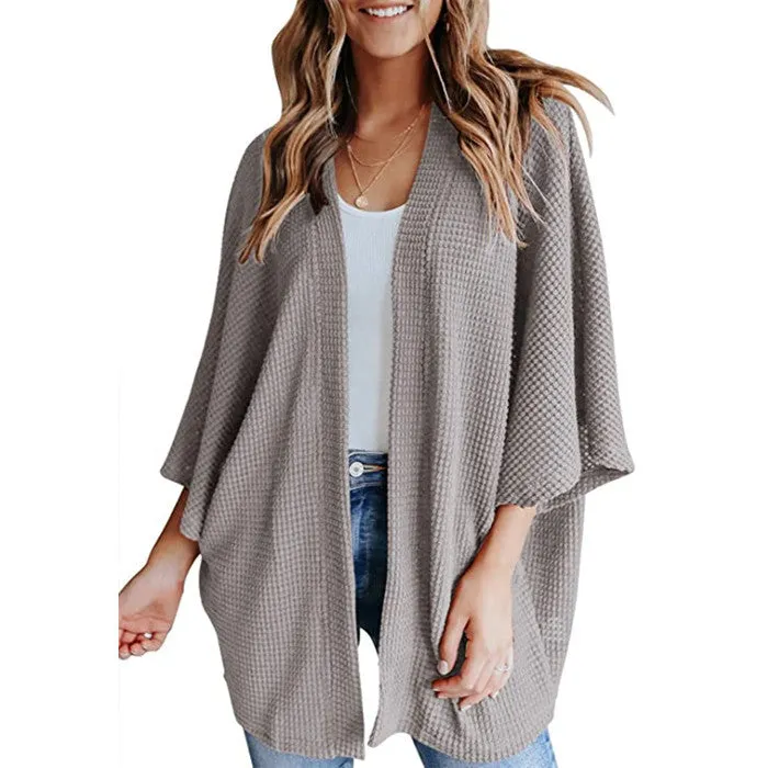 Women Lightweight  Loose Waffle Knit 3/4 Batwing Sleeve Cardigans Sweater