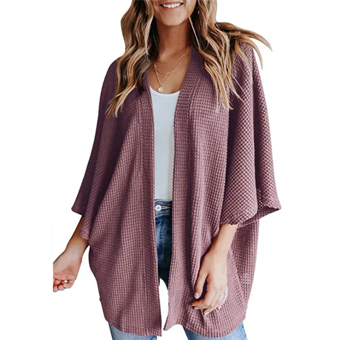 Women Lightweight  Loose Waffle Knit 3/4 Batwing Sleeve Cardigans Sweater