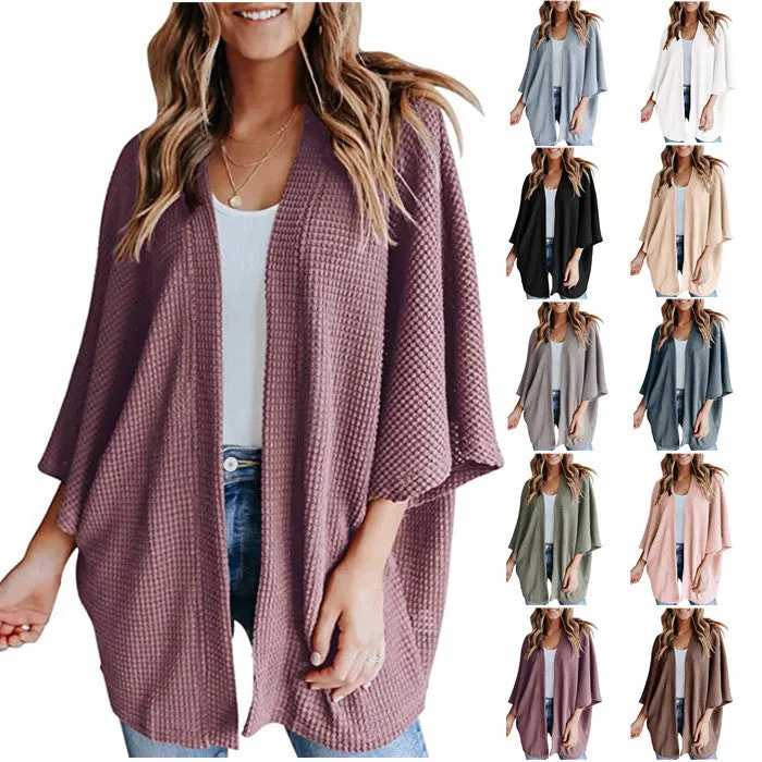 Women Lightweight  Loose Waffle Knit 3/4 Batwing Sleeve Cardigans Sweater