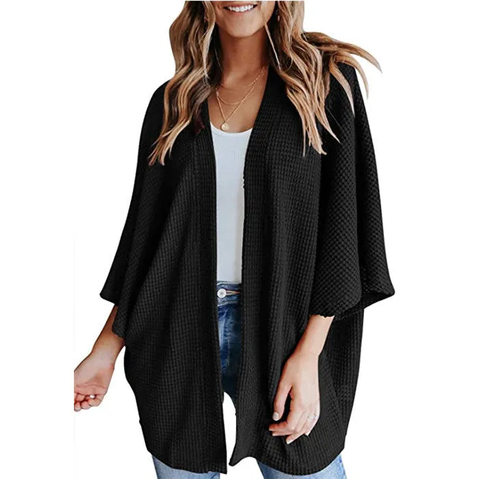 Women Lightweight  Loose Waffle Knit 3/4 Batwing Sleeve Cardigans Sweater