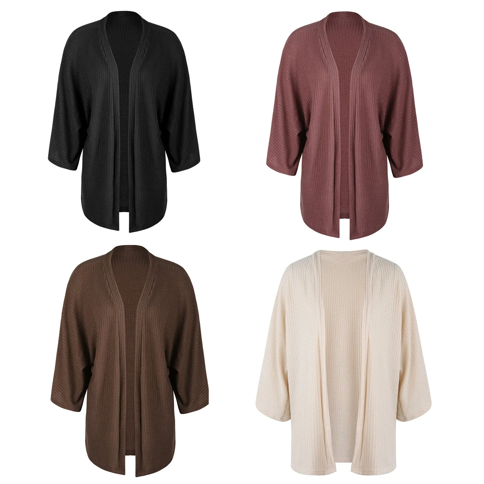 Women Lightweight  Loose Waffle Knit 3/4 Batwing Sleeve Cardigans Sweater