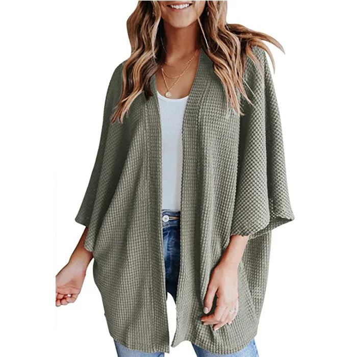 Women Lightweight  Loose Waffle Knit 3/4 Batwing Sleeve Cardigans Sweater