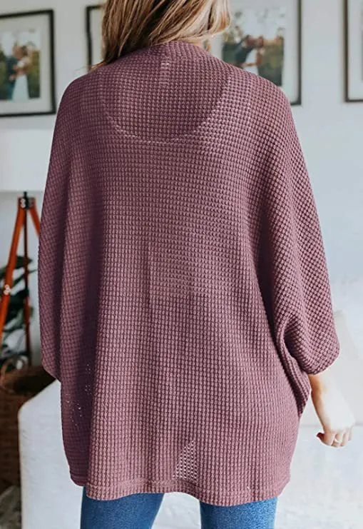 Women Lightweight  Loose Waffle Knit 3/4 Batwing Sleeve Cardigans Sweater