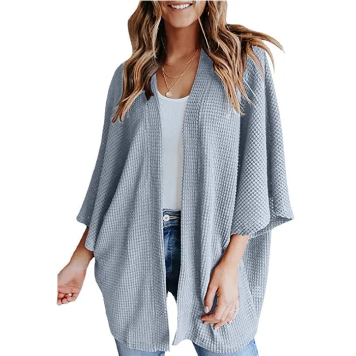 Women Lightweight  Loose Waffle Knit 3/4 Batwing Sleeve Cardigans Sweater
