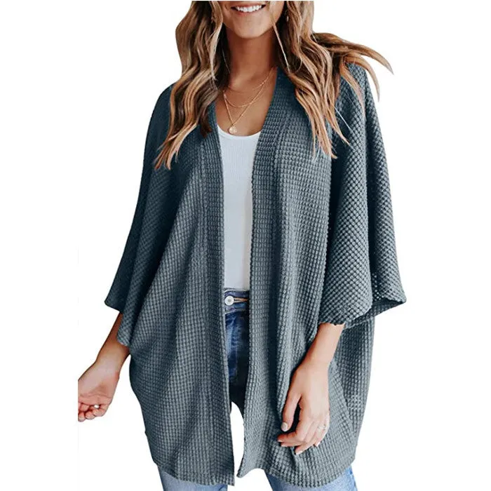 Women Lightweight  Loose Waffle Knit 3/4 Batwing Sleeve Cardigans Sweater