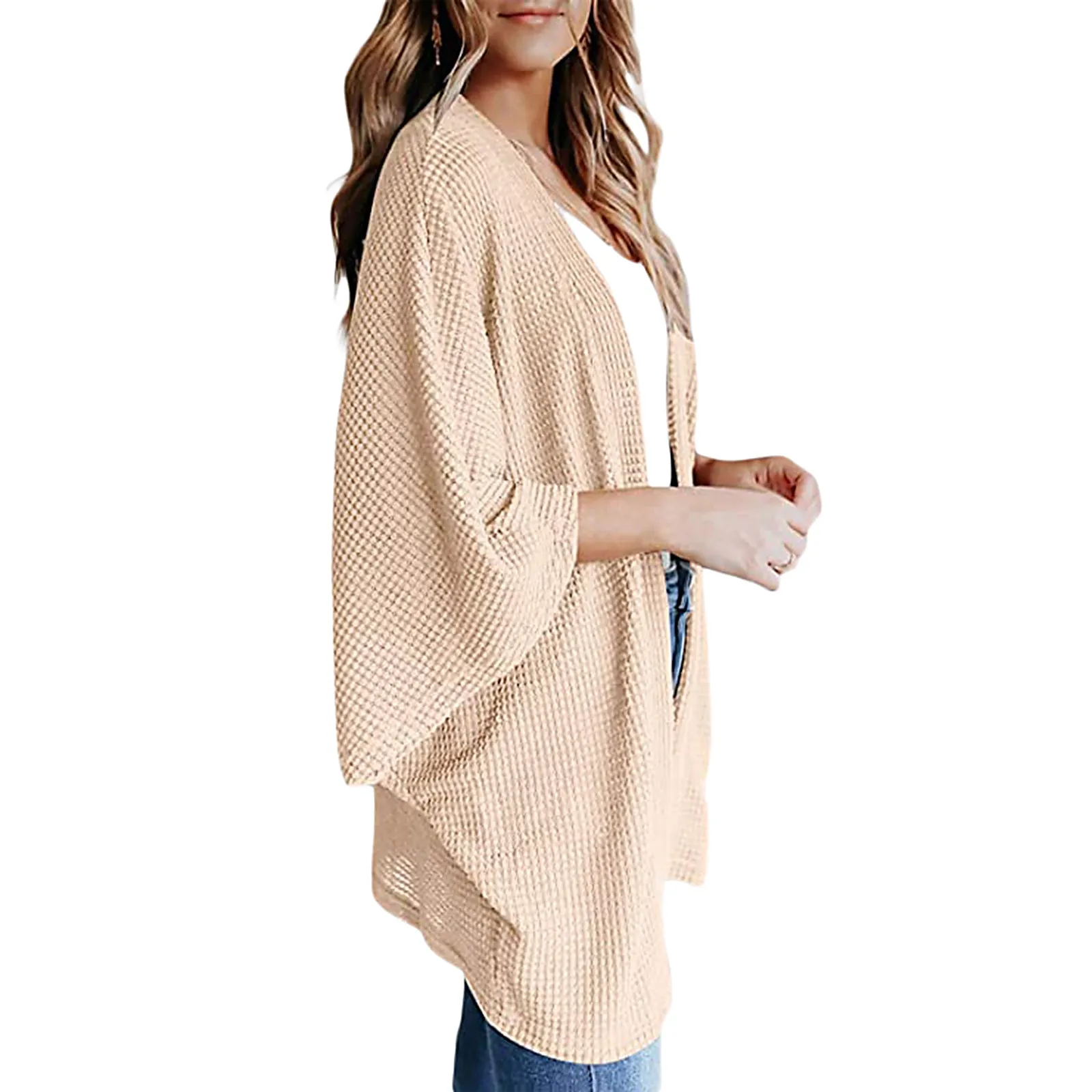 Women Lightweight  Loose Waffle Knit 3/4 Batwing Sleeve Cardigans Sweater