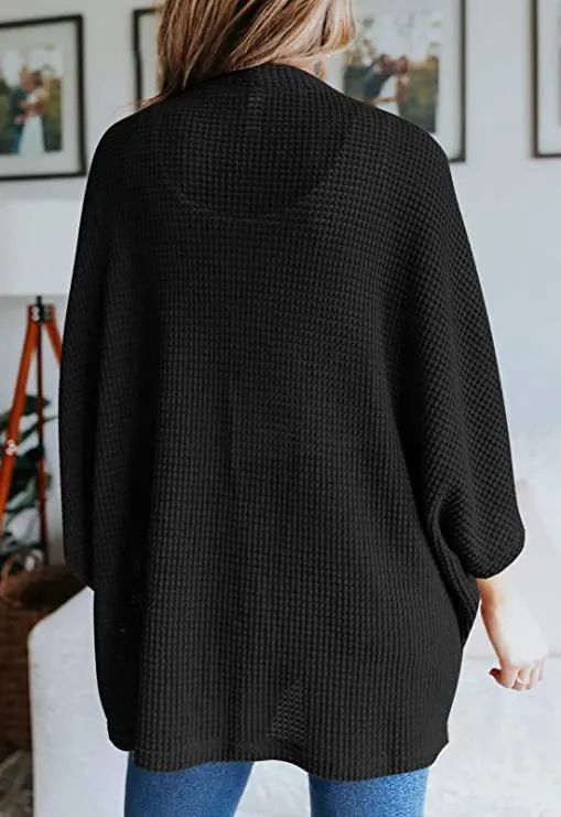Women Lightweight  Loose Waffle Knit 3/4 Batwing Sleeve Cardigans Sweater