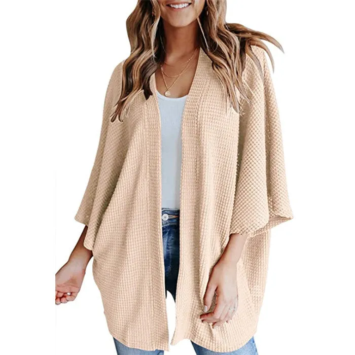 Women Lightweight  Loose Waffle Knit 3/4 Batwing Sleeve Cardigans Sweater