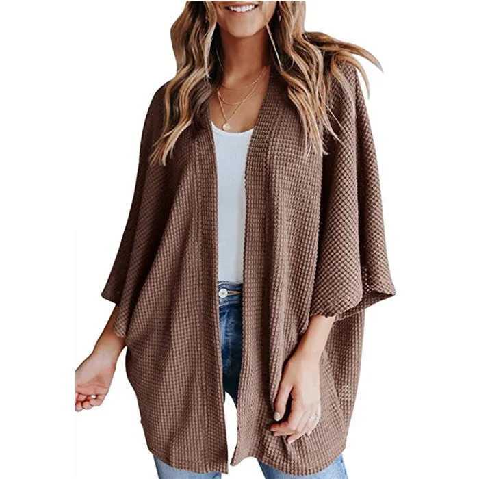 Women Lightweight  Loose Waffle Knit 3/4 Batwing Sleeve Cardigans Sweater