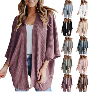 Women Lightweight  Loose Waffle Knit 3/4 Batwing Sleeve Cardigans Sweater