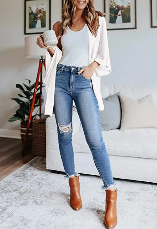 Women Lightweight  Loose Waffle Knit 3/4 Batwing Sleeve Cardigans Sweater