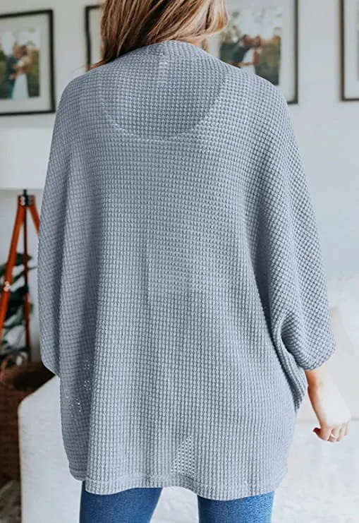 Women Lightweight  Loose Waffle Knit 3/4 Batwing Sleeve Cardigans Sweater