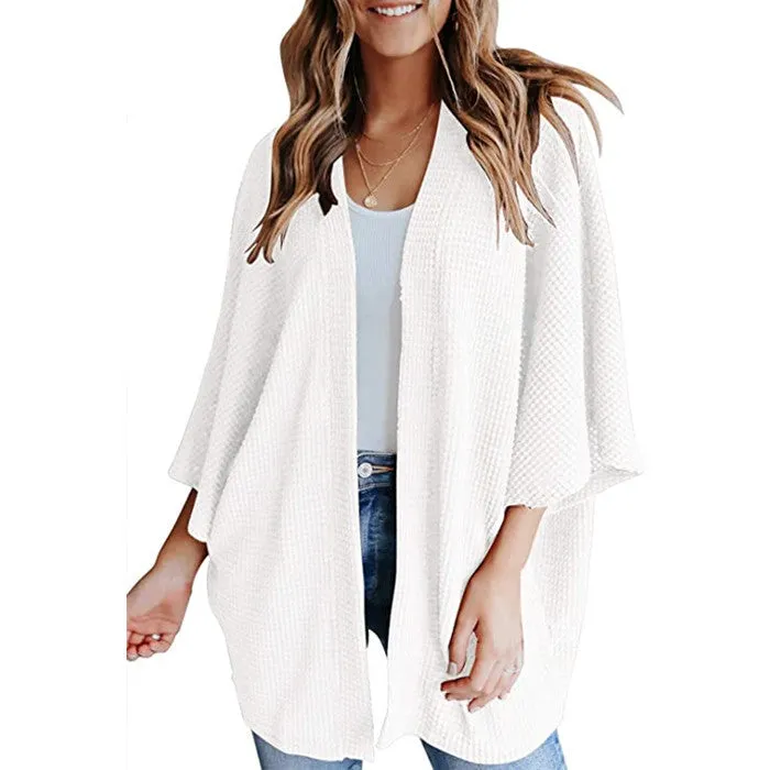Women Lightweight  Loose Waffle Knit 3/4 Batwing Sleeve Cardigans Sweater